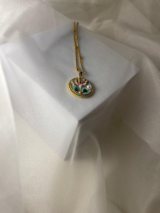 Enamel pearl necklace (Pearl Lily - Blue)
