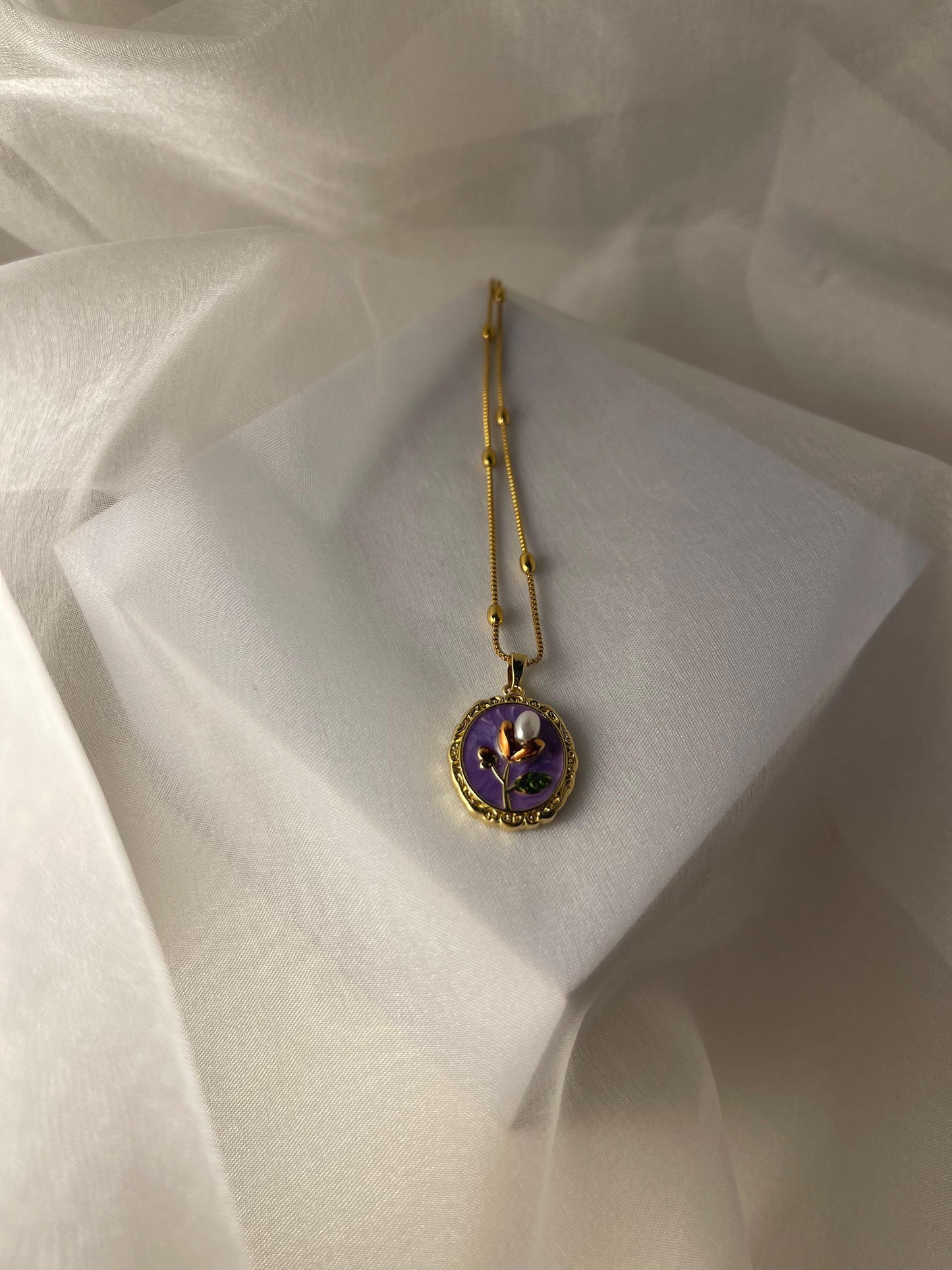 Enamel pearl necklace (Oval bead-Purple)