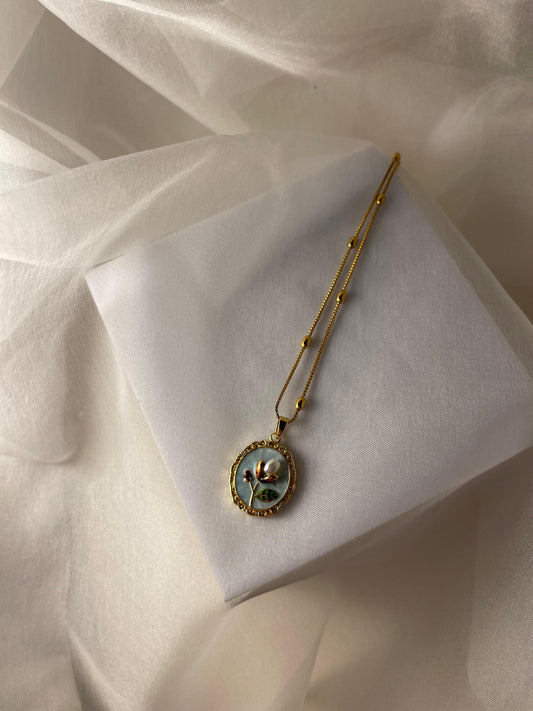 Enamel pearl necklace (Oval bead-Turquoise)