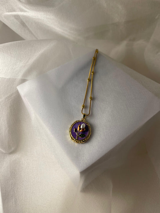 Enamel pearl necklace (Oval bead-Purple)