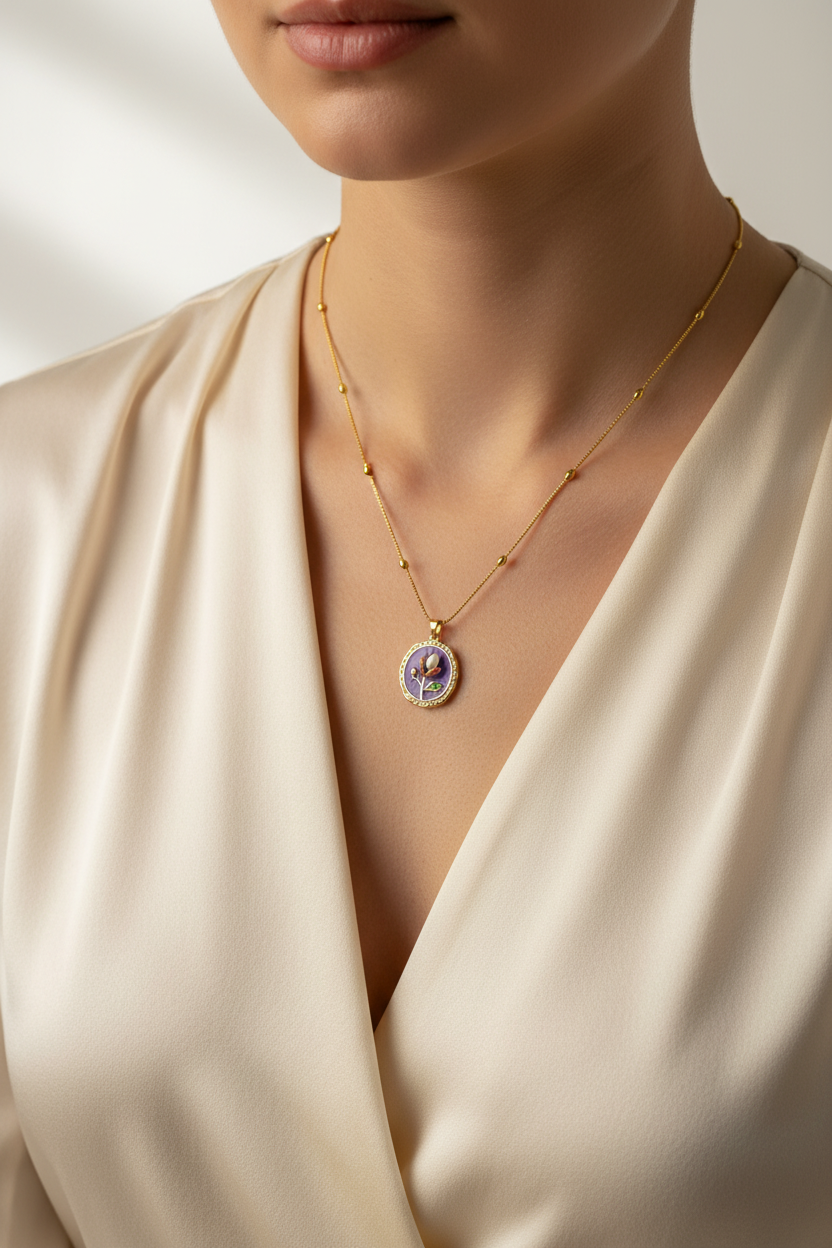 Enamel pearl necklace (Oval bead-Purple)