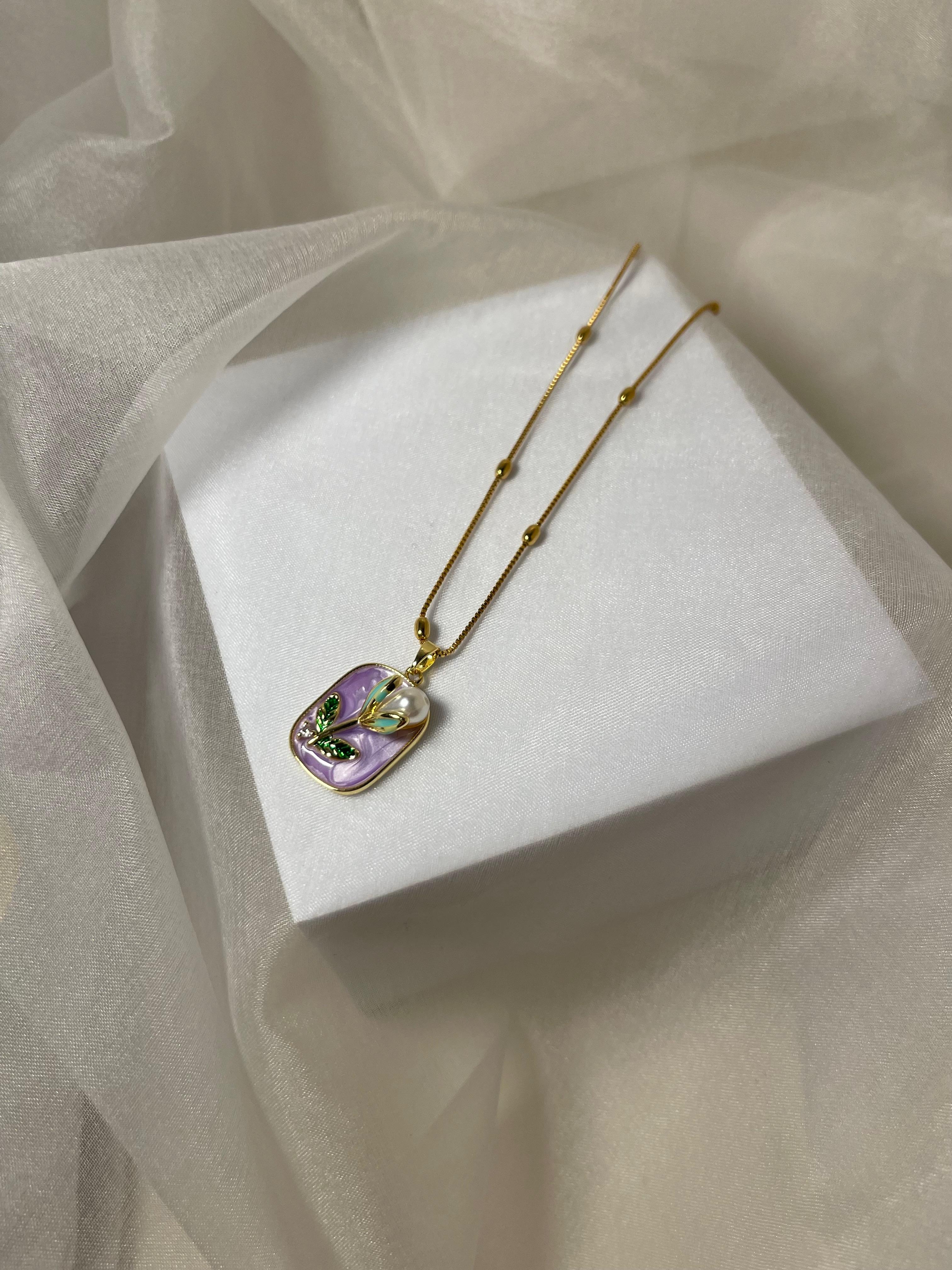 Enamel pearl necklace (Dewdrop Bloom-Purple)