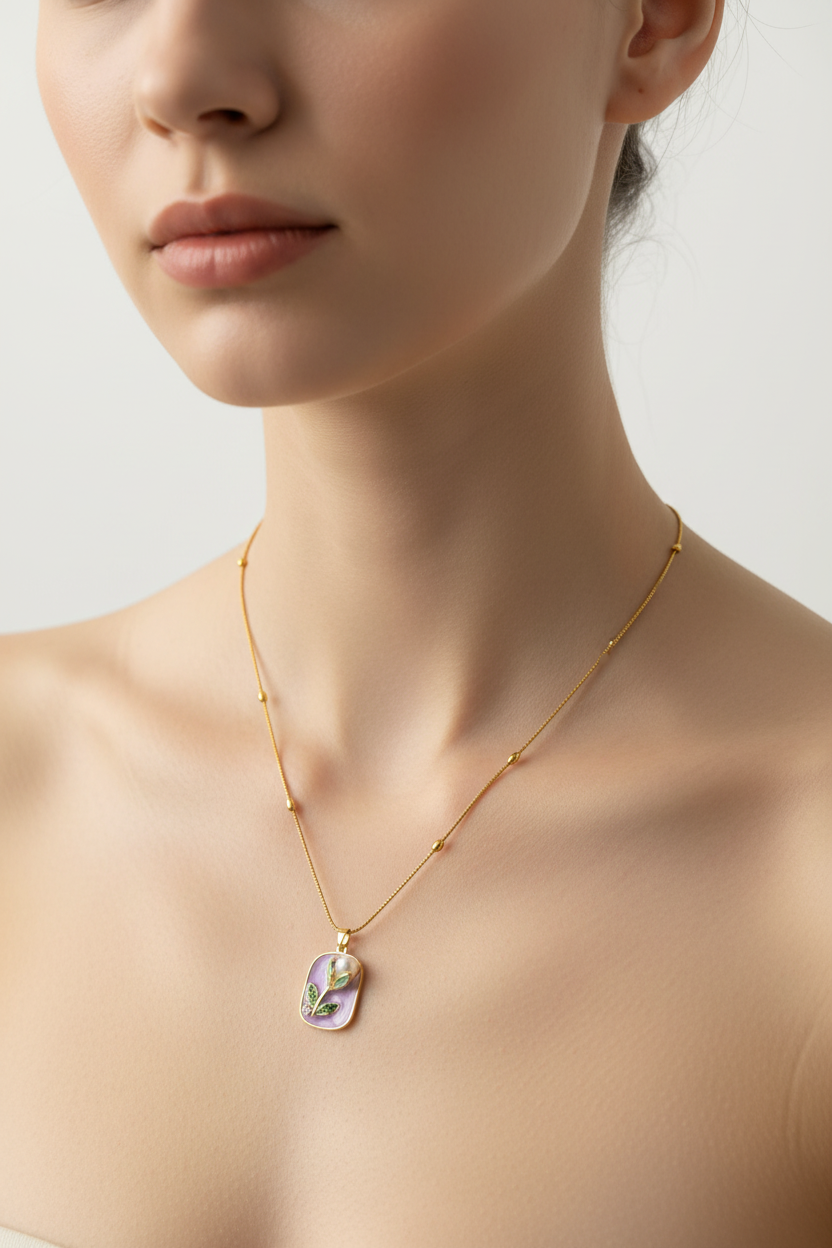 Enamel pearl necklace (Dewdrop Bloom-Purple)