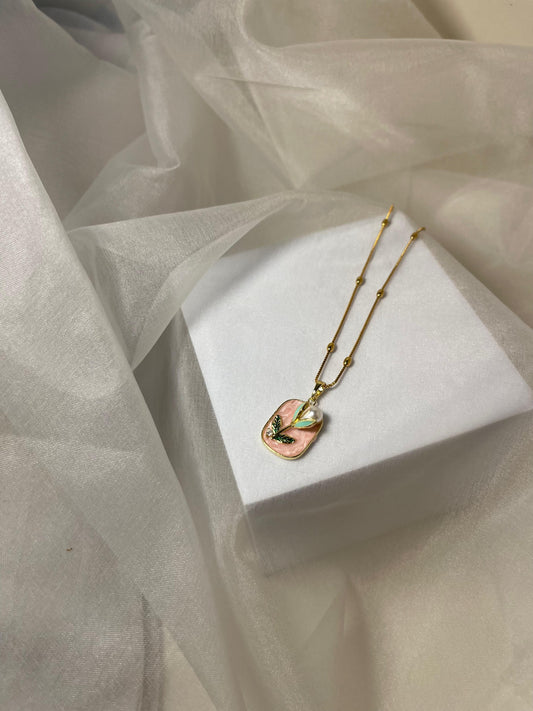 Enamel pearl necklace (Dewdrop Bloom-Pink)