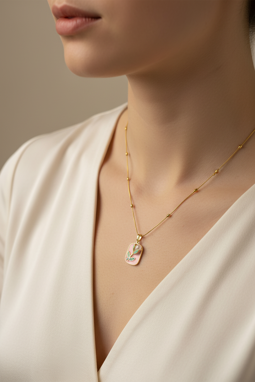 Enamel pearl necklace (Dewdrop Bloom-Pink)