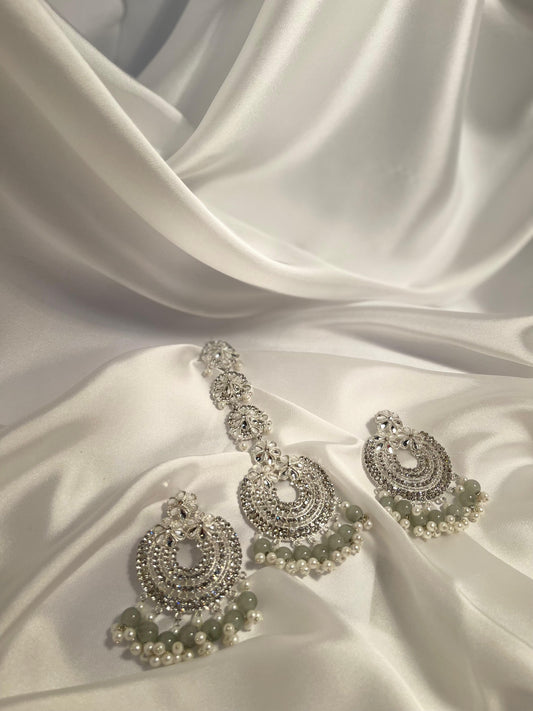 Kundan moti phool earring and bindi set - Grey