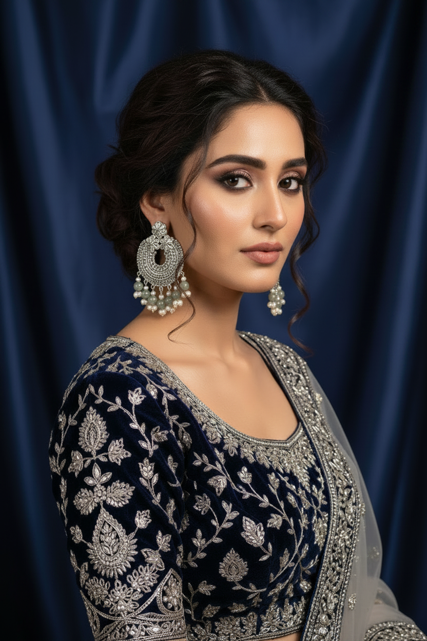 Kundan moti phool earring and bindi set - Grey