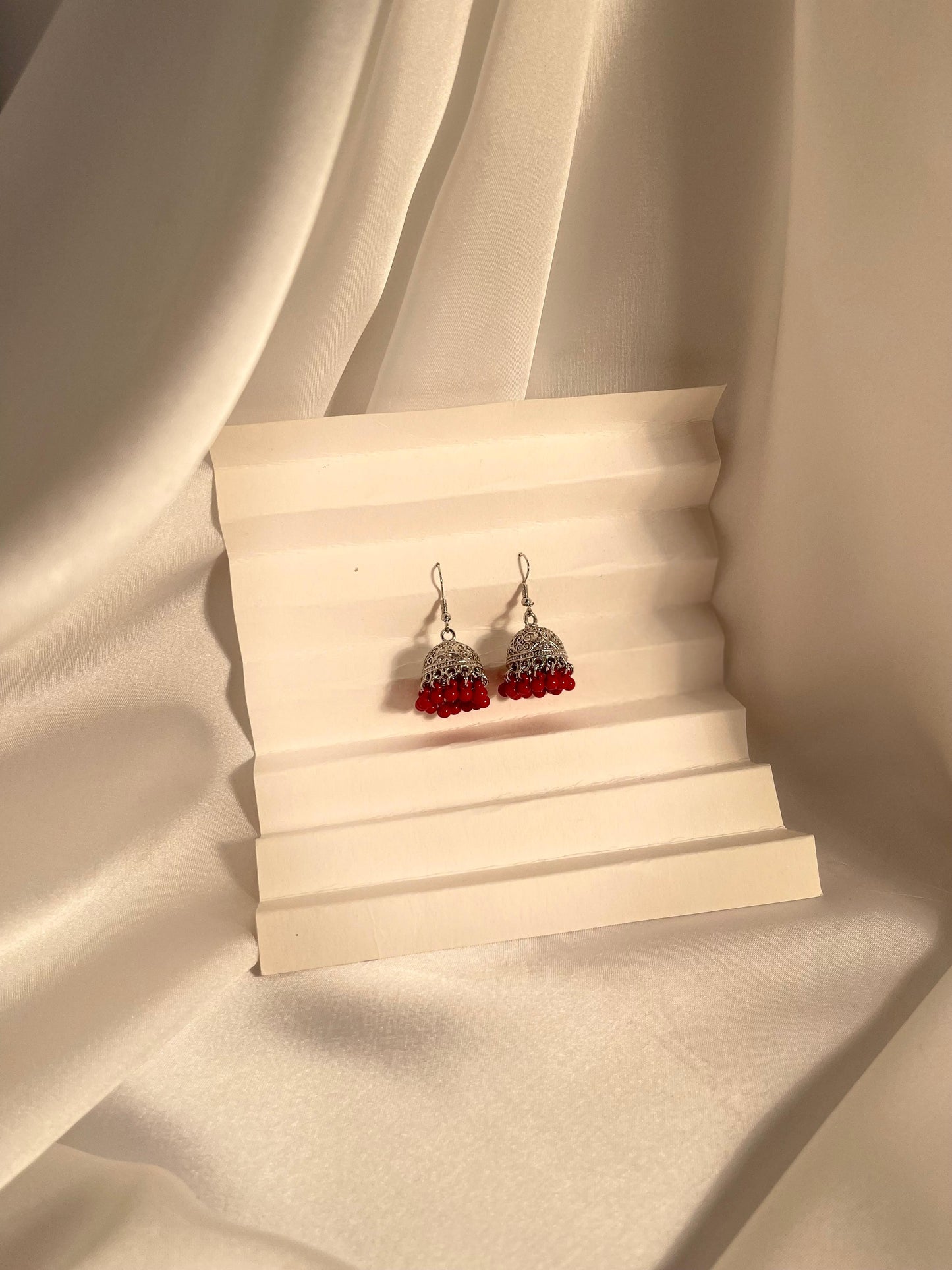 Tania Silver Jhumki (red beads)
