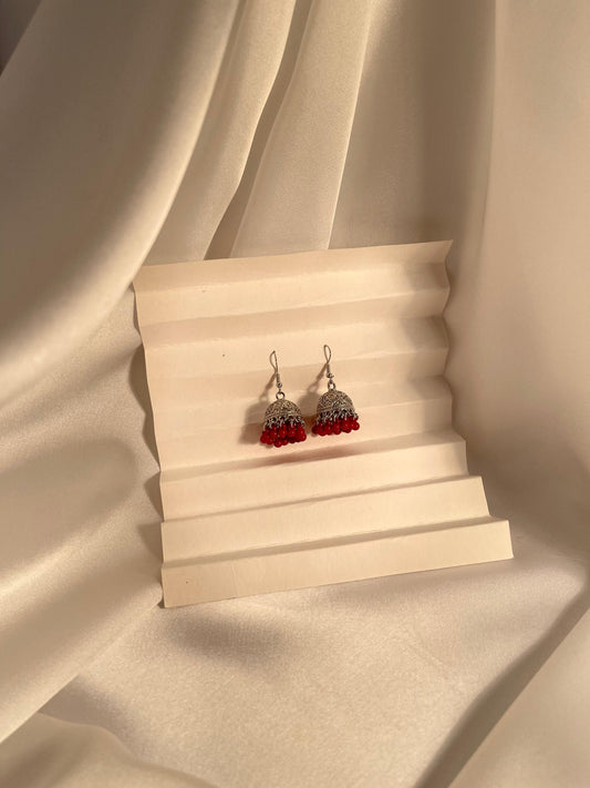 Tania Silver Jhumki (red beads)