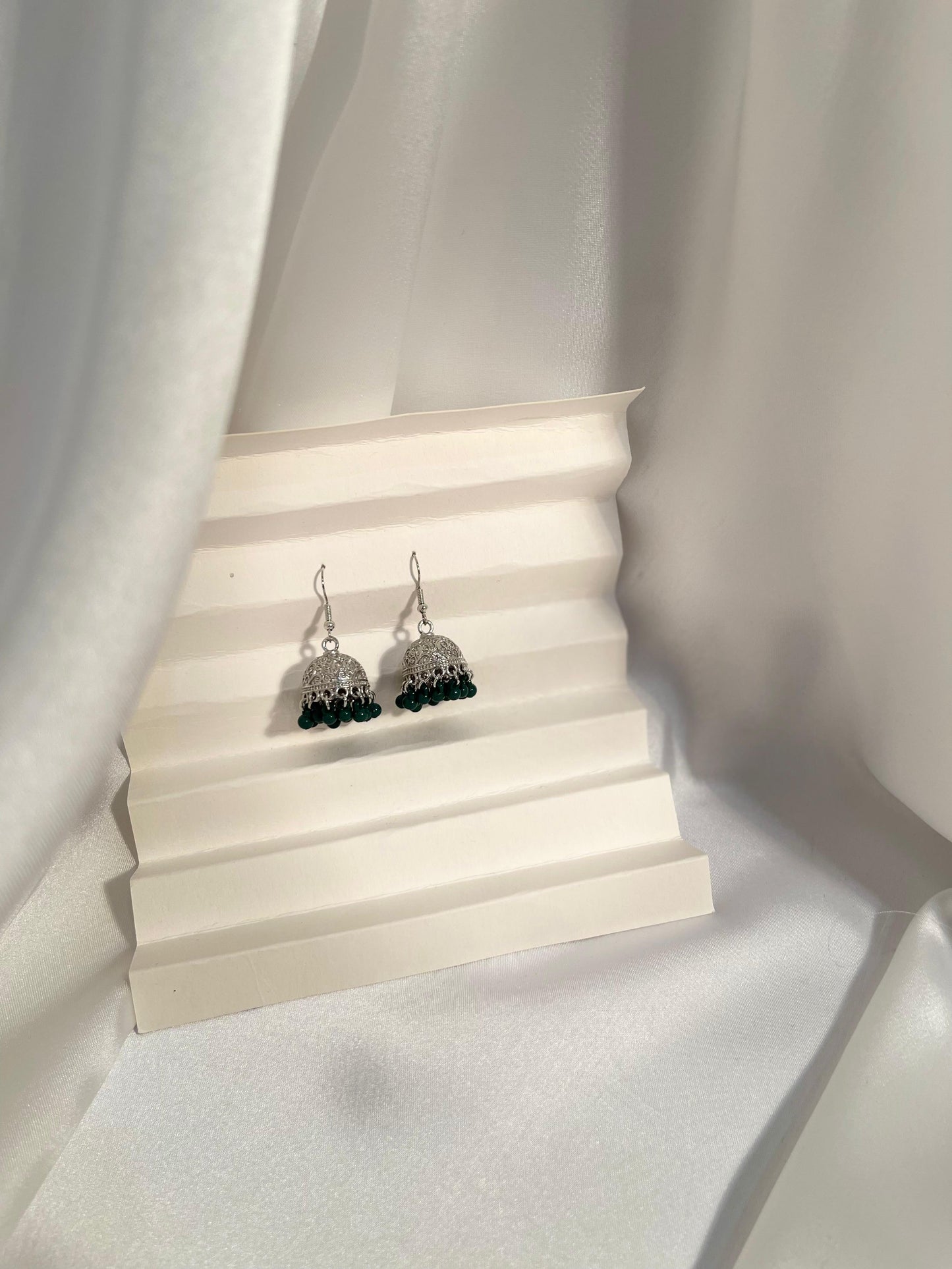 Tania Silver Jhumki ( Green beads)