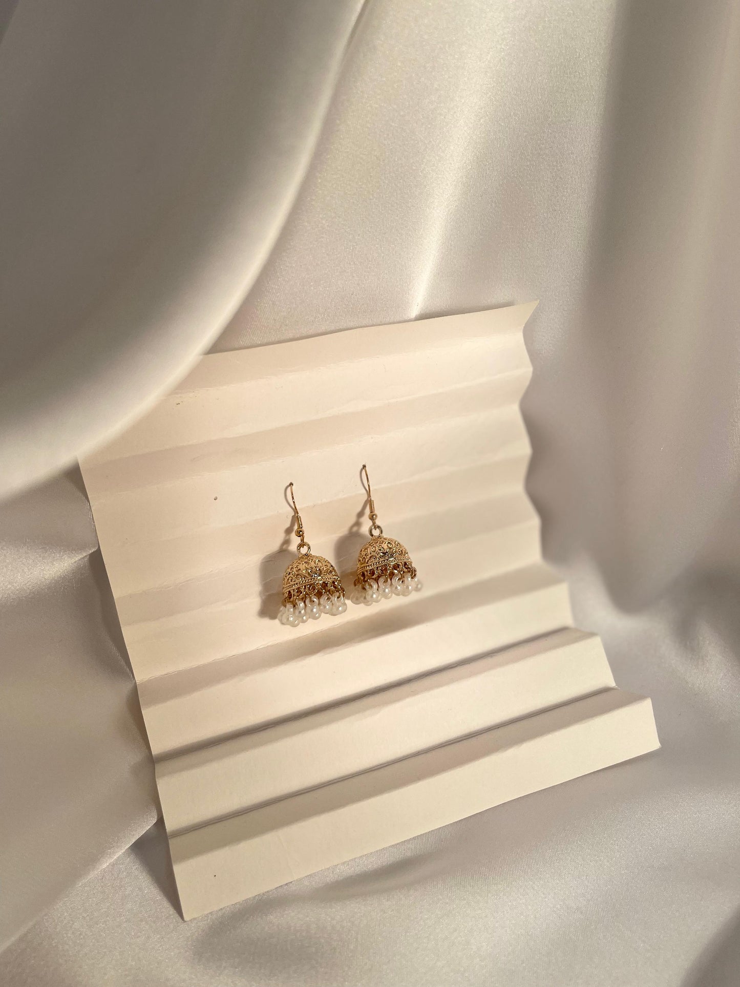 Tania gold Jhumki (White beads)