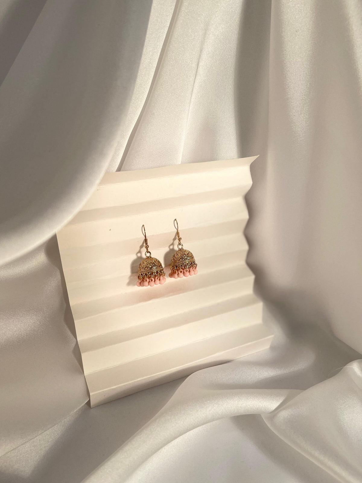 Gold Jhumki (pink beads)