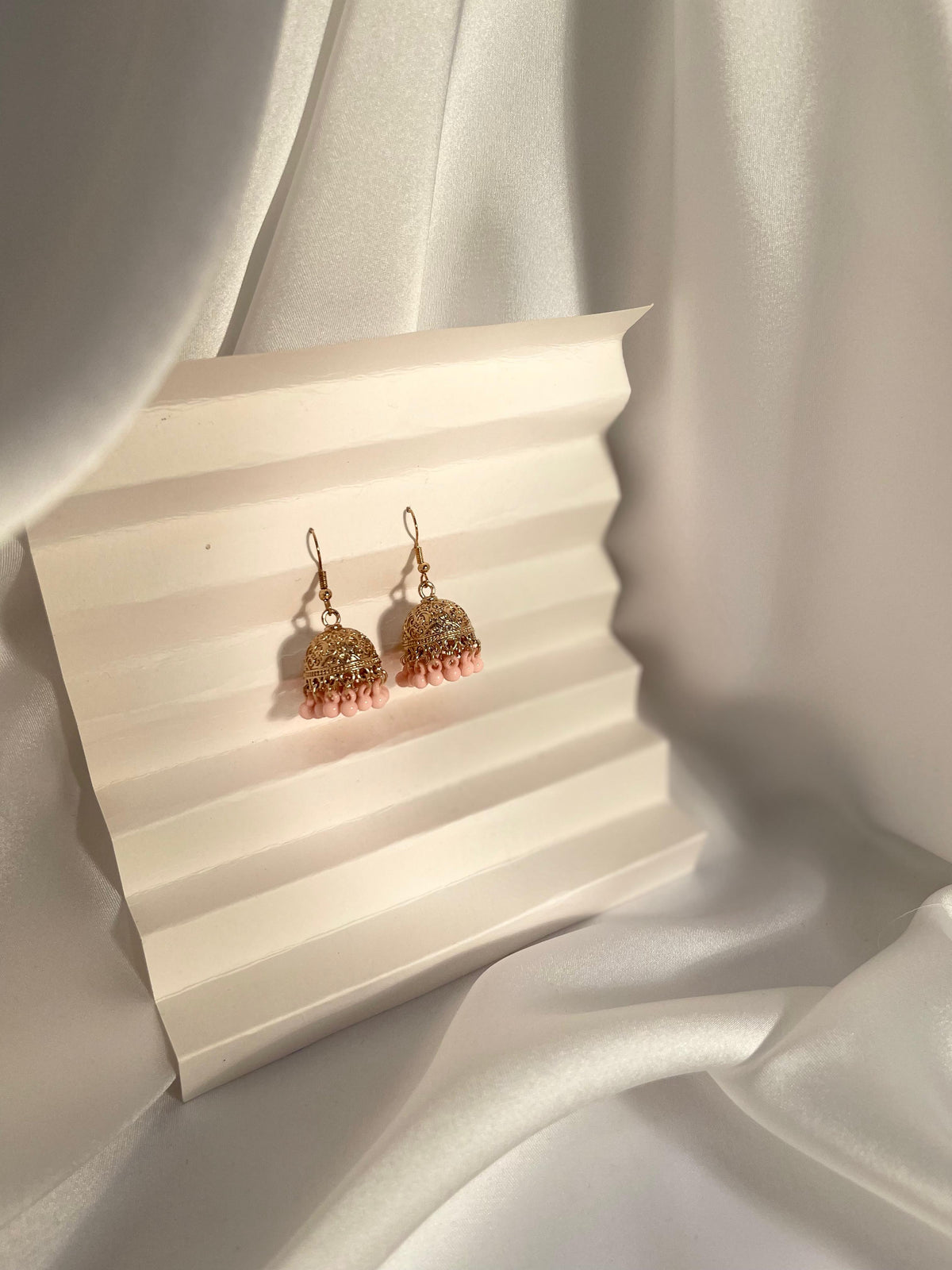 Gold Jhumki (pink beads)