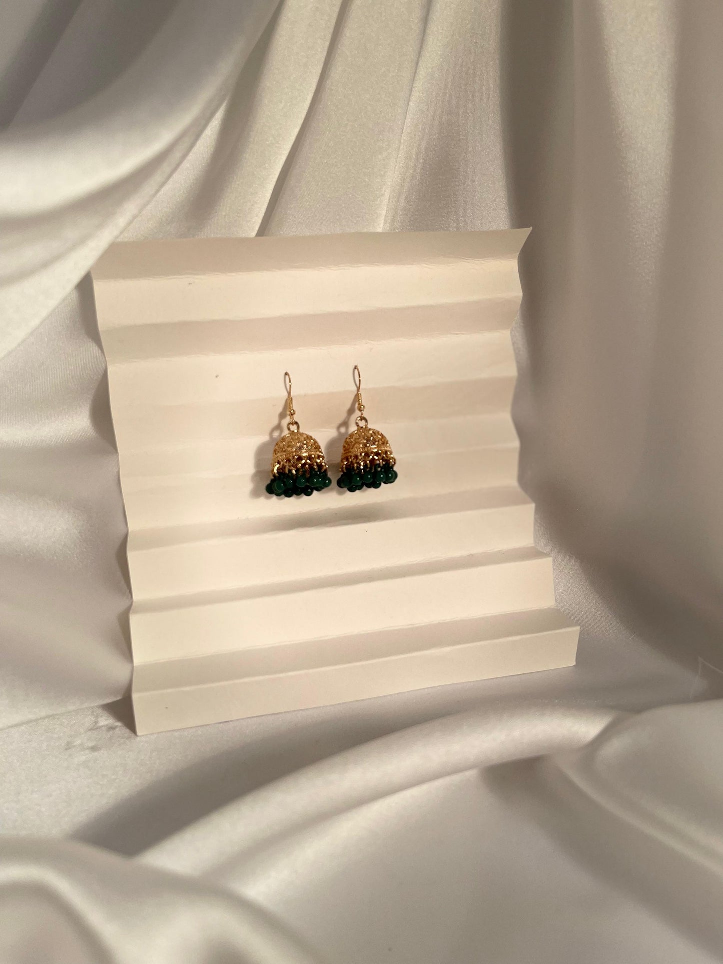 Tania gold Jhumki (Green beads)