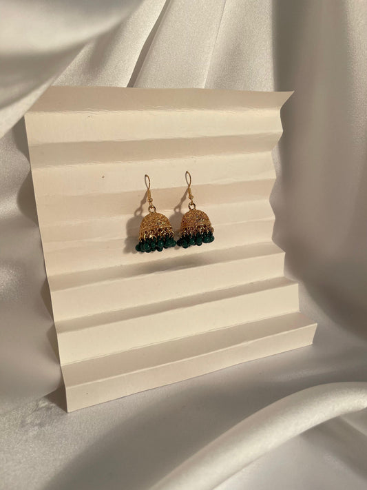 Tania gold Jhumki (Green beads)