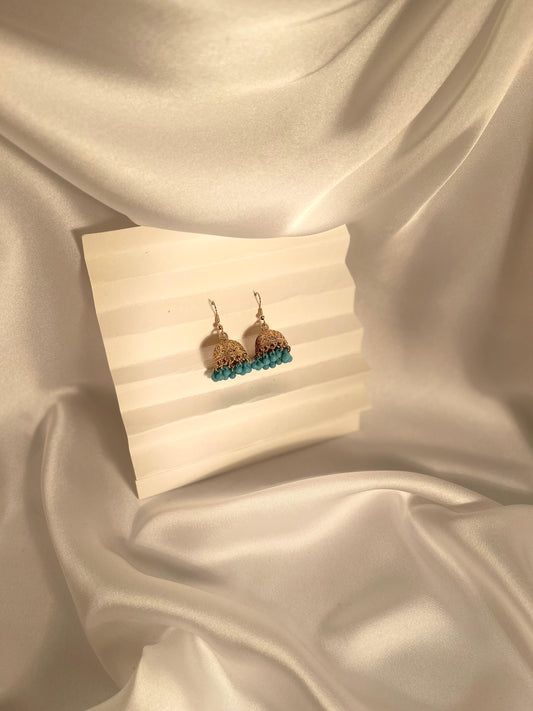 Tania gold Jhumki (sky blue beads)