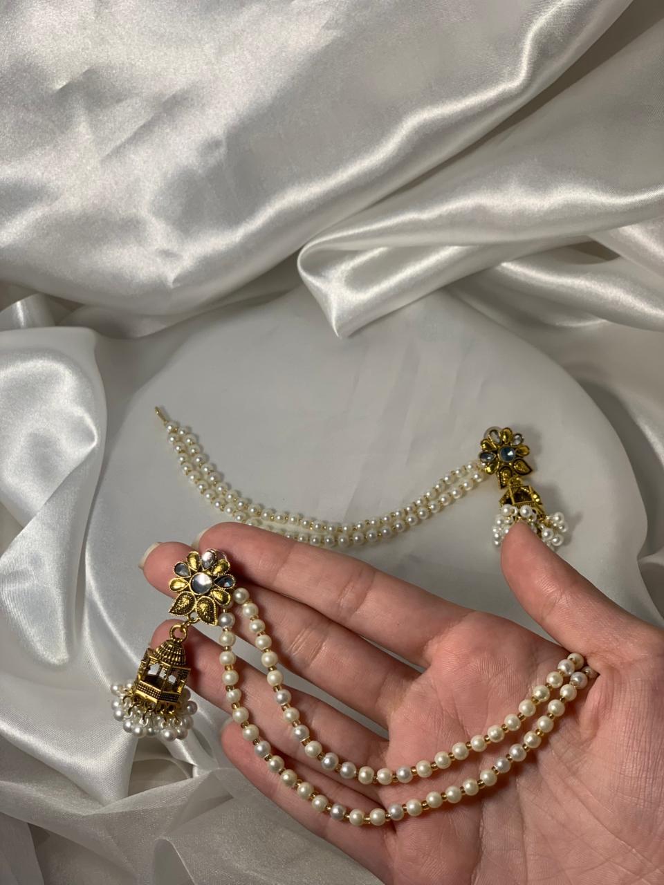 Floral Cage Jhumki with double pearl saharay