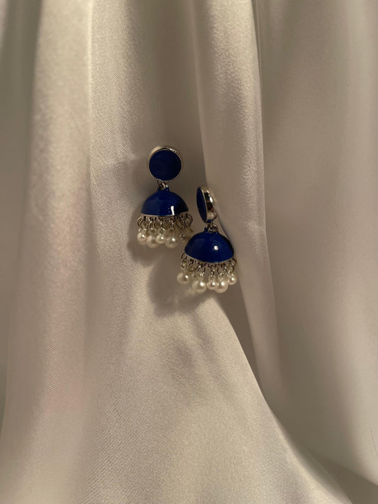 Crimson pearl jhumki - blue and silver
