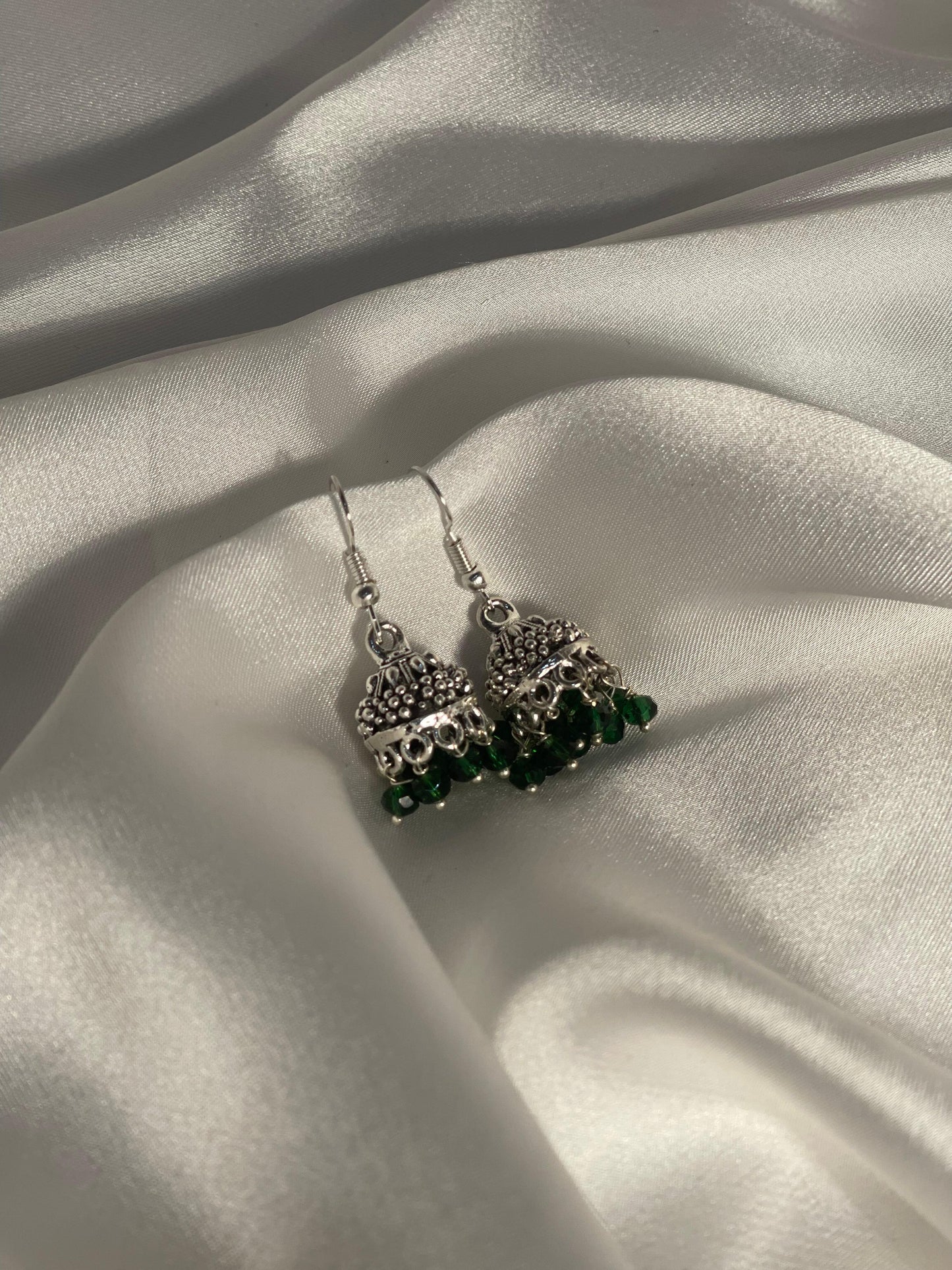 silver mini jhumki with Green beads