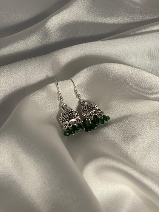silver mini jhumki with Green beads
