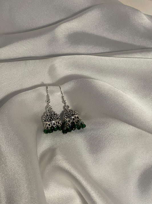 silver mini jhumki with Green beads