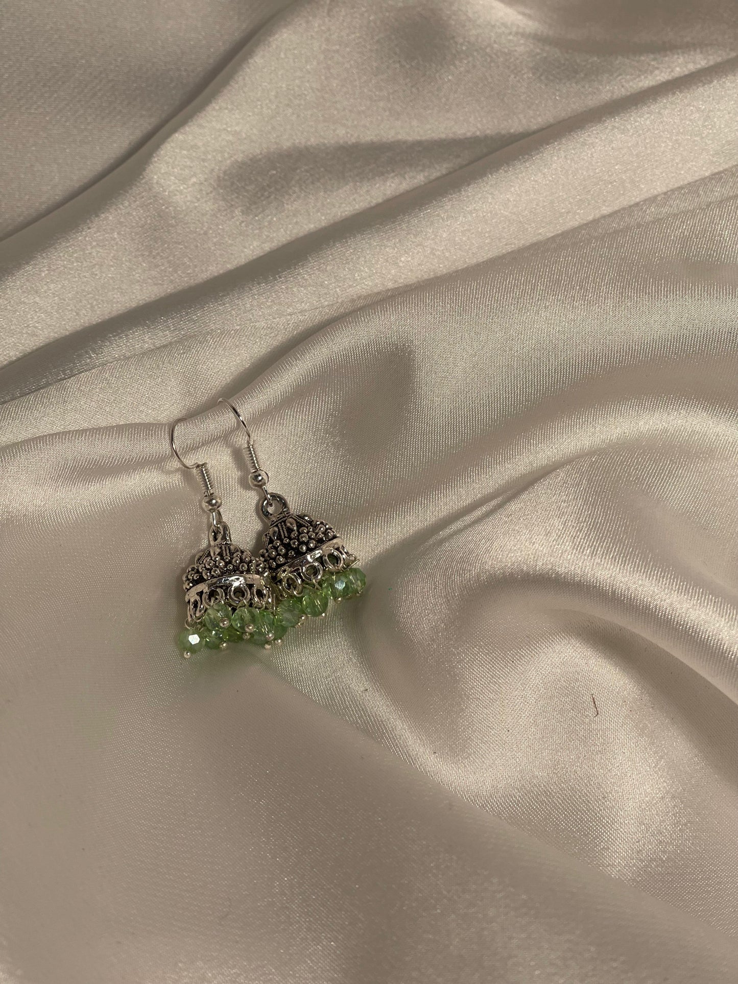 silver mini jhumki with light green beads