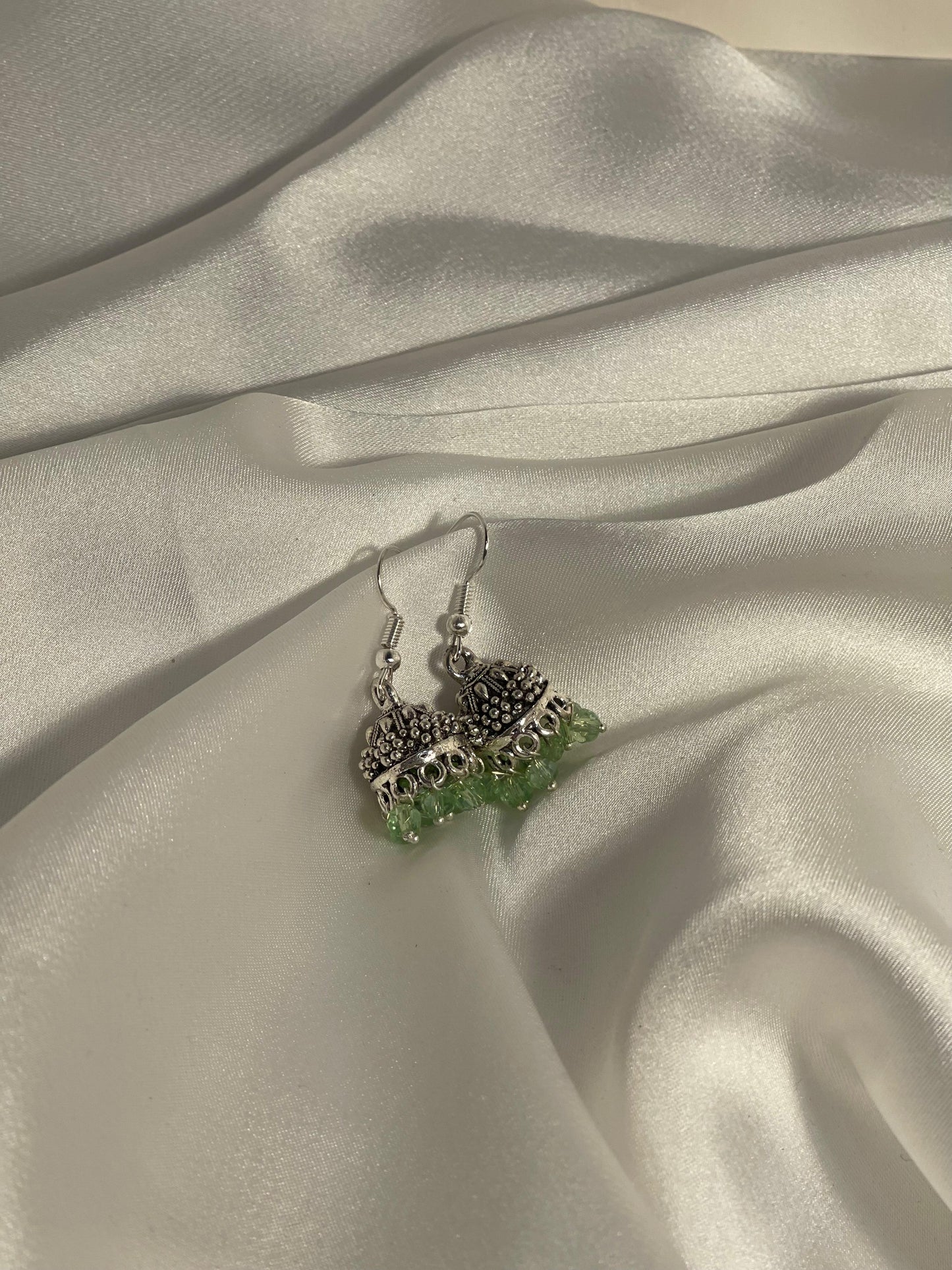 silver mini jhumki with light green beads
