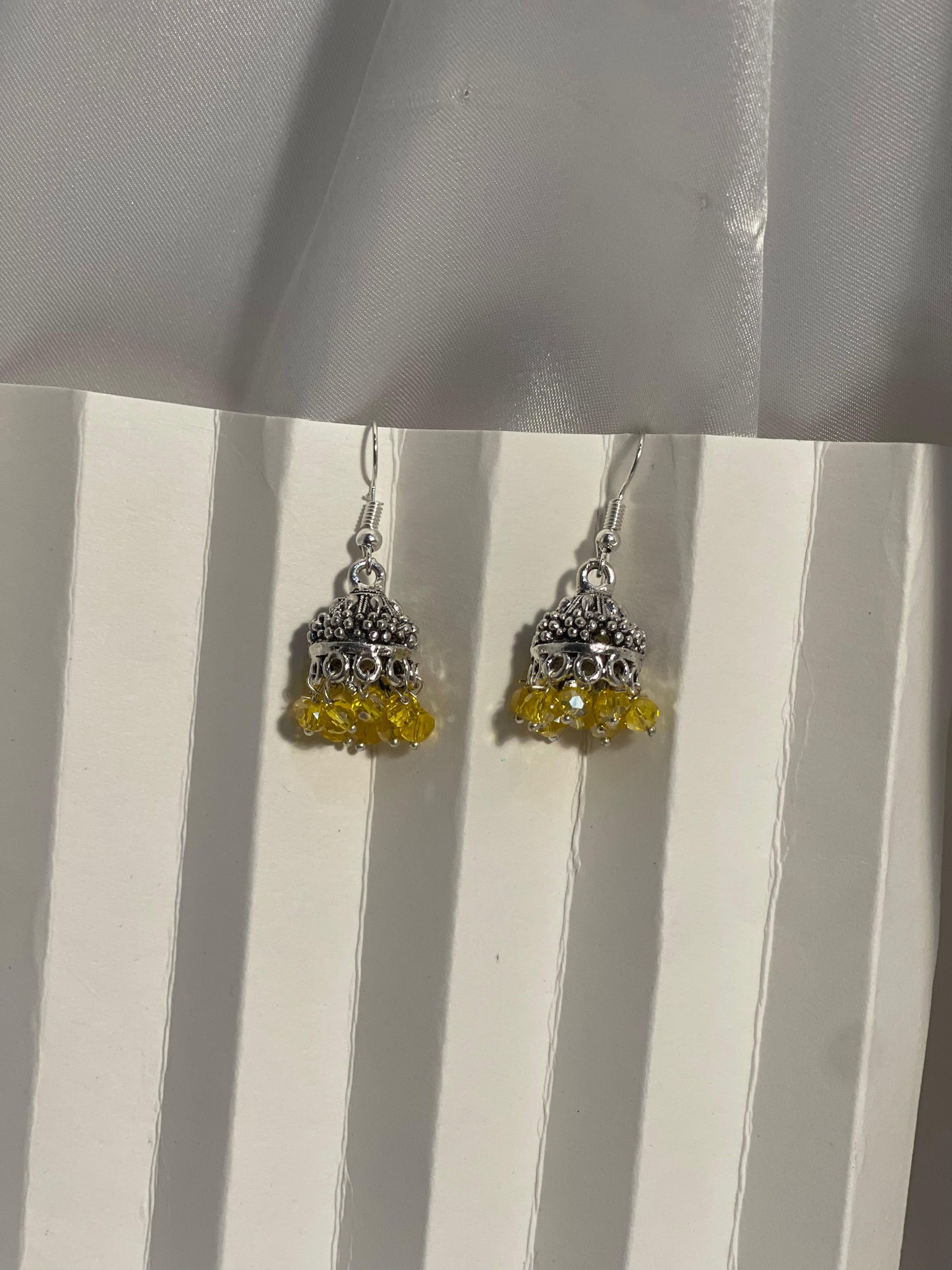 silver mini jhumki with yellow beads