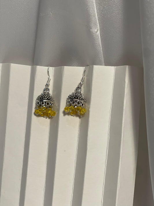 silver mini jhumki with yellow beads
