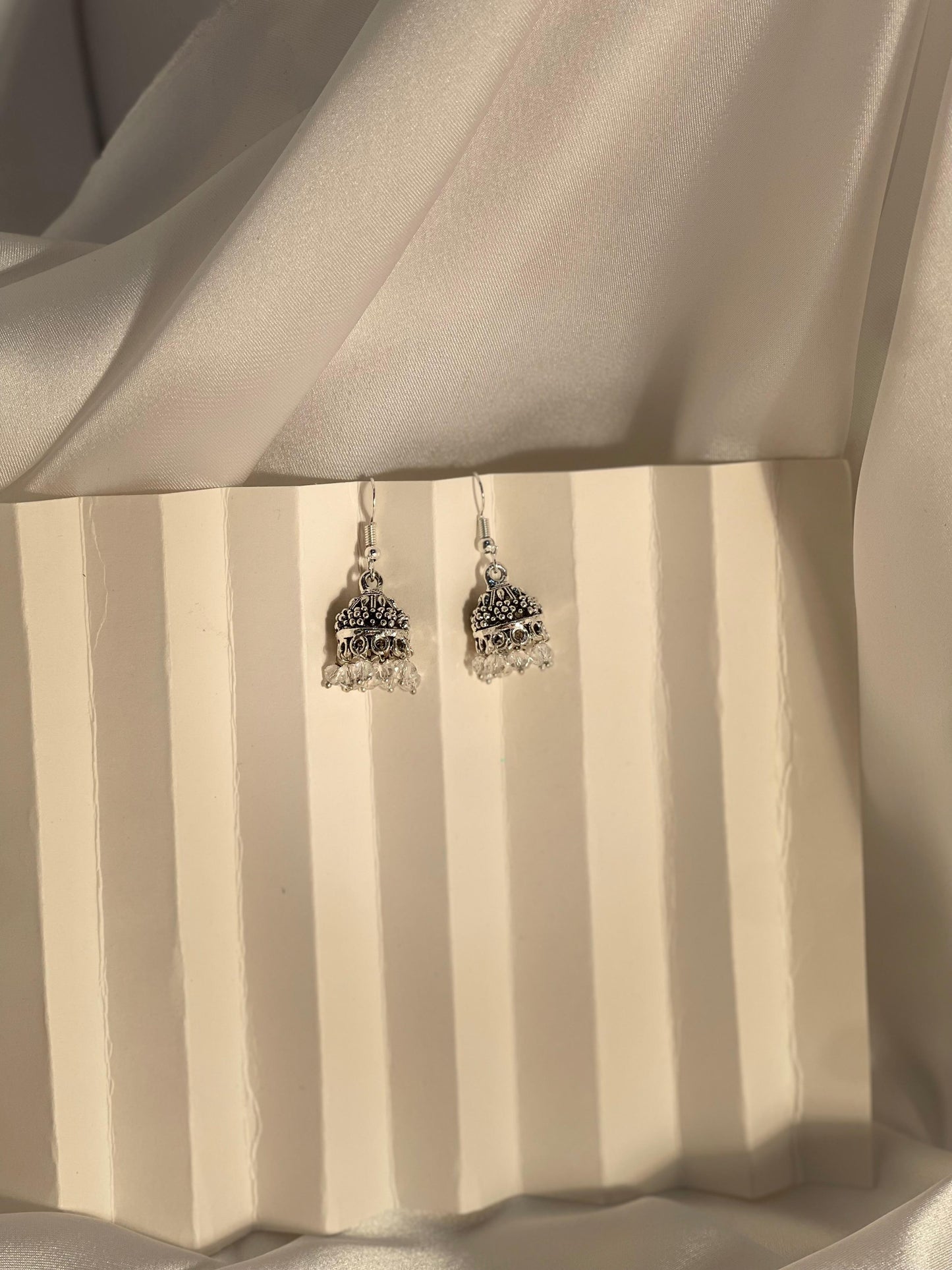 silver mini jhumki with clear beads