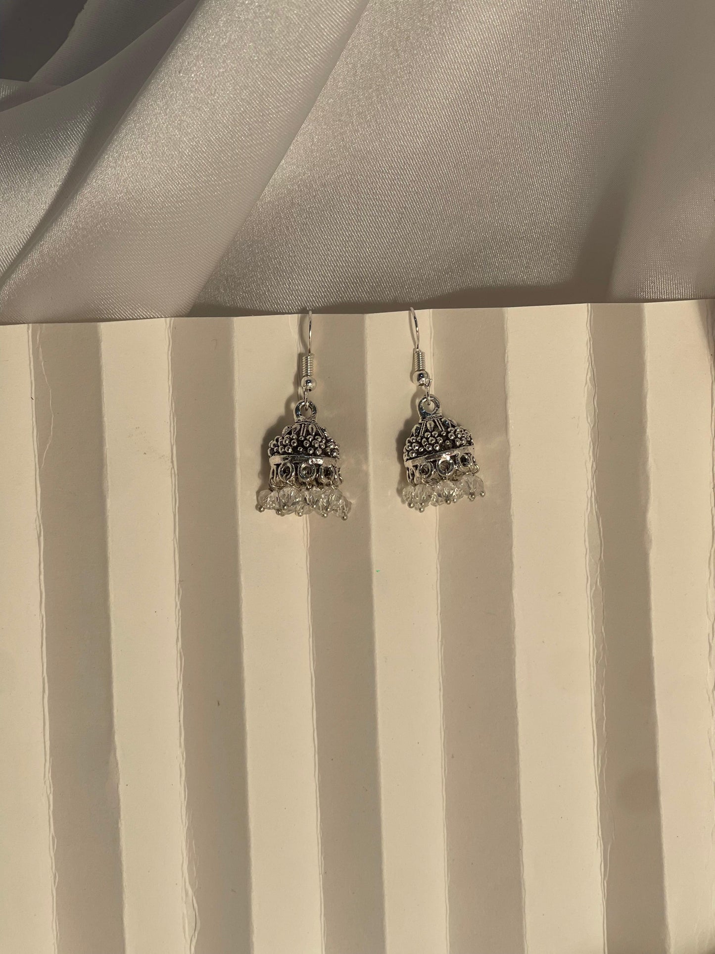 silver mini jhumki with clear beads