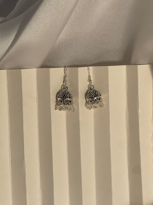 silver mini jhumki with clear beads
