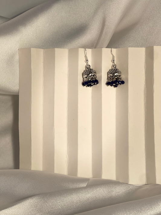 silver mini jhumki with blue beads
