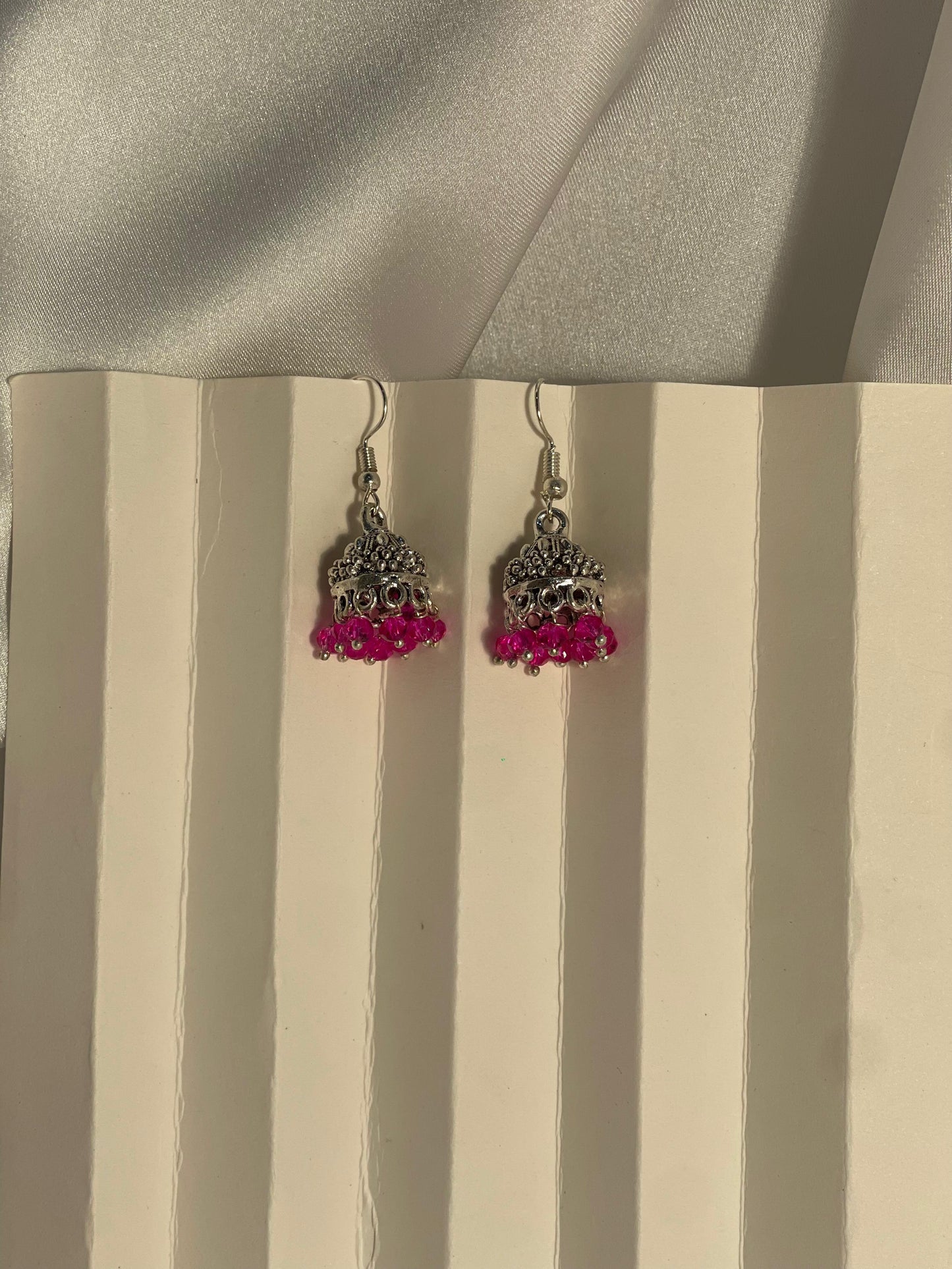 silver mini jhumki with pink beads