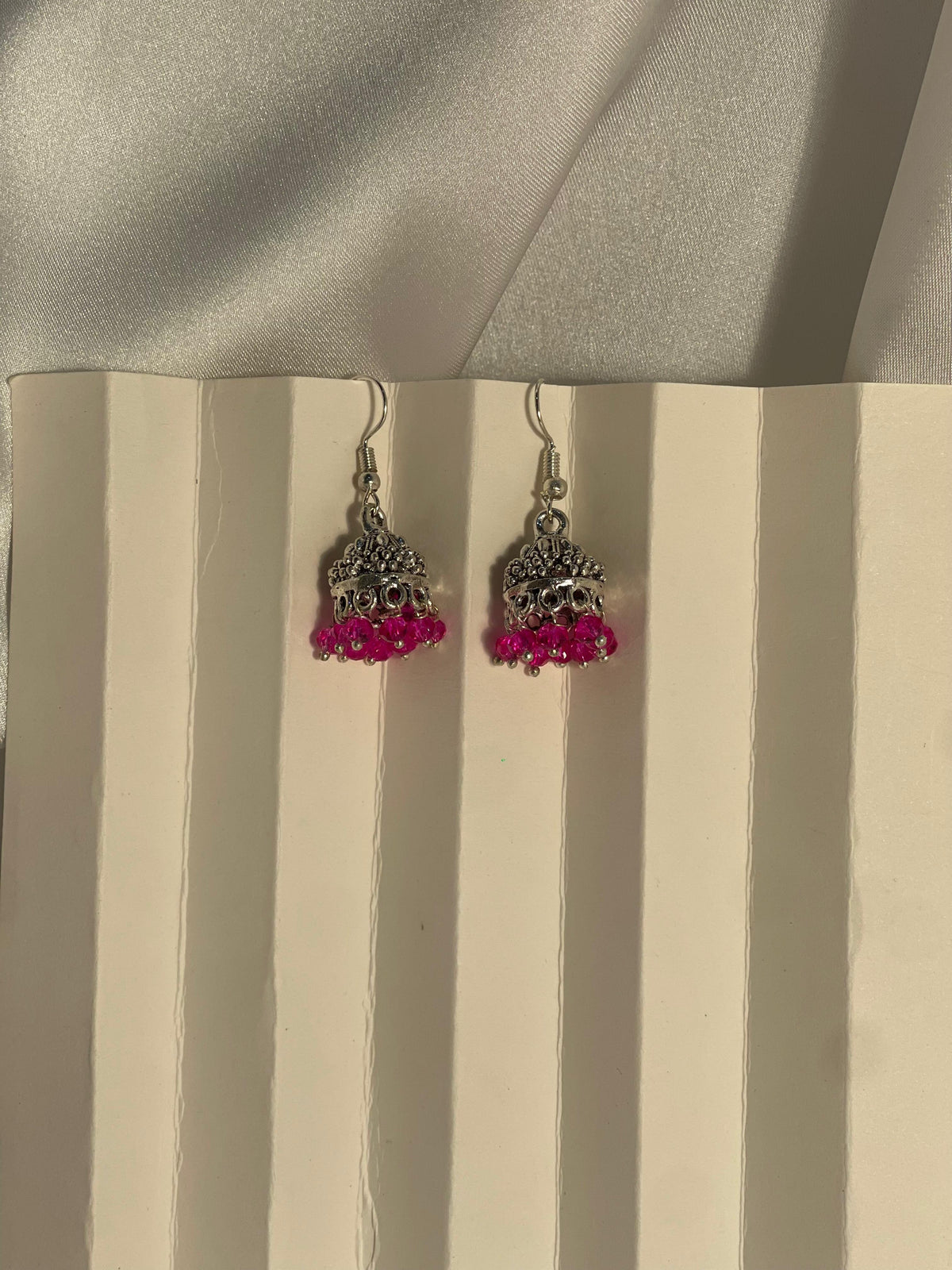 silver mini jhumki with pink beads