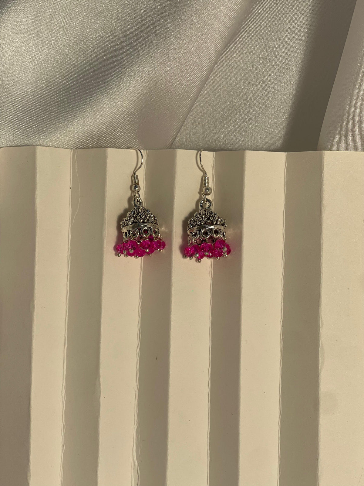 silver mini jhumki with pink beads