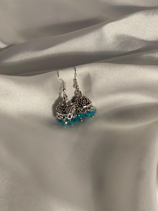 silver mini jhumki with sky blue beads