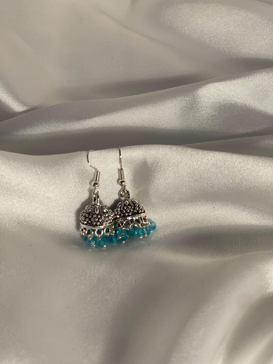 silver mini jhumki with sky blue beads
