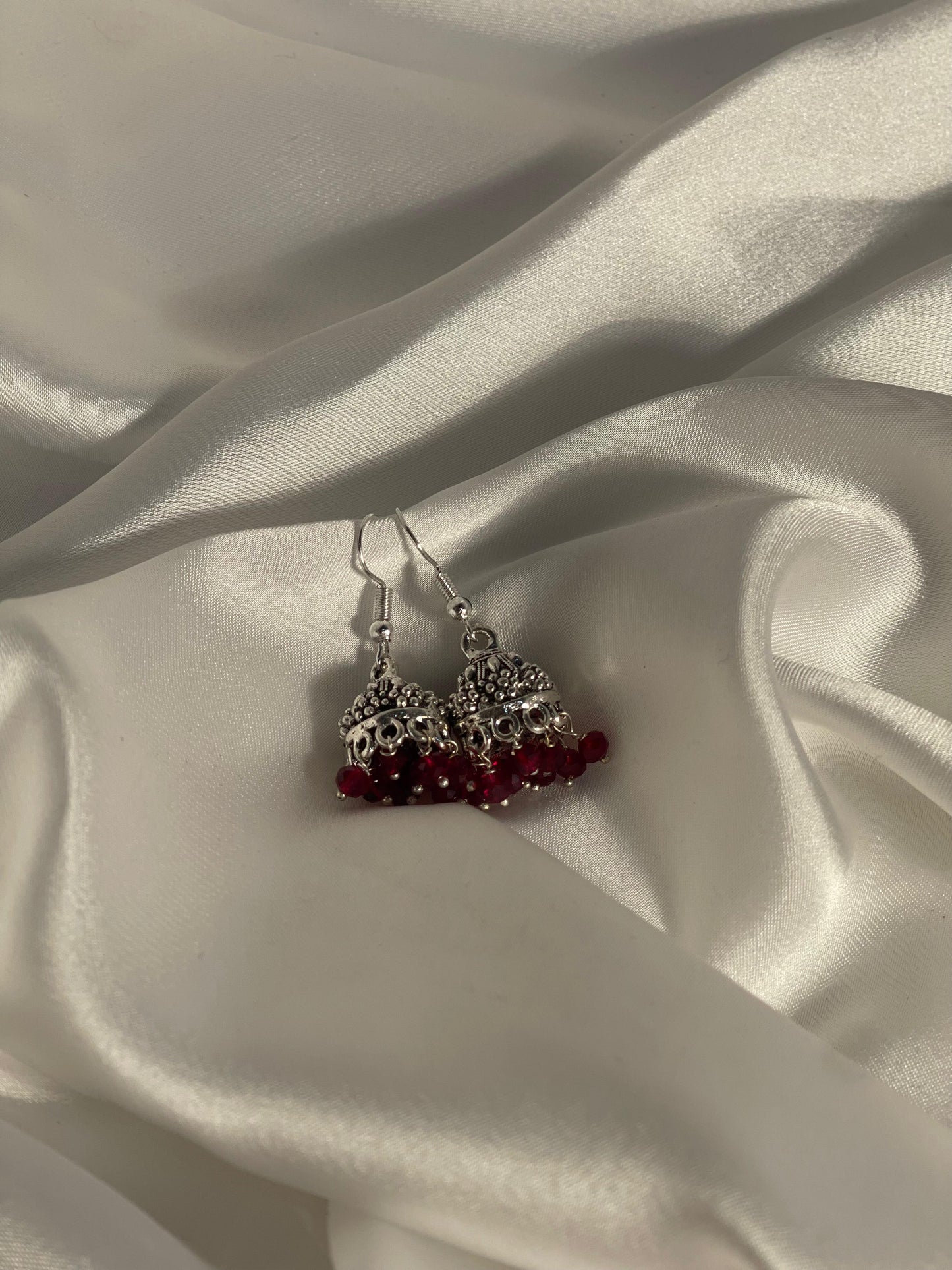 silver mini jhumki with maroon beads