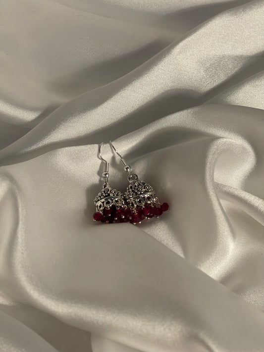 silver mini jhumki with maroon beads
