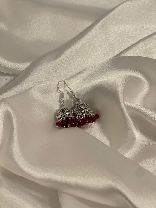 silver mini jhumki with maroon beads