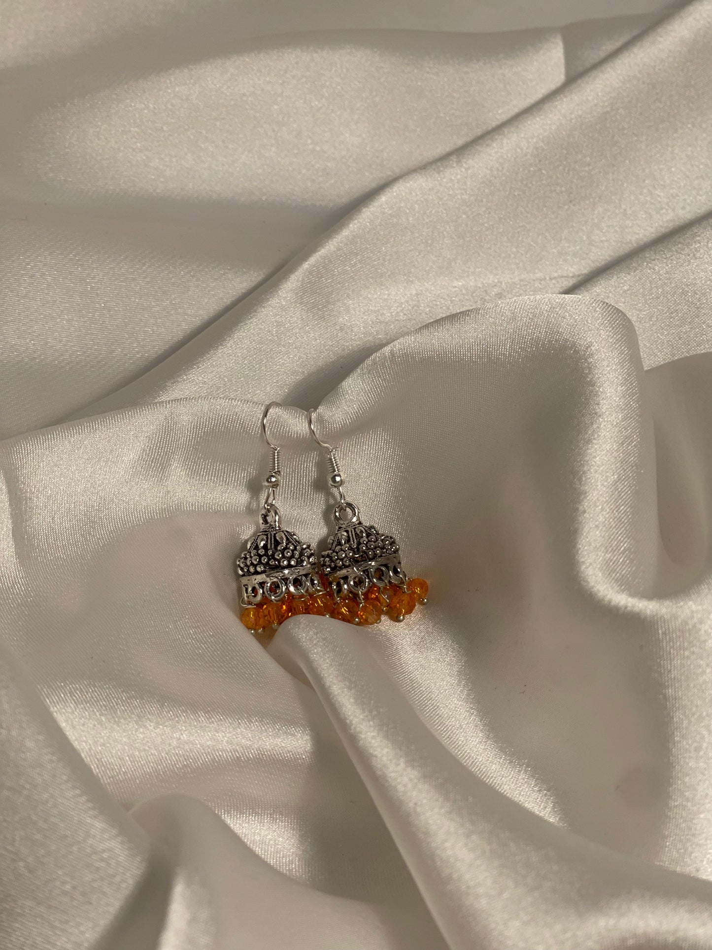 silver mini jhumki with orange beads