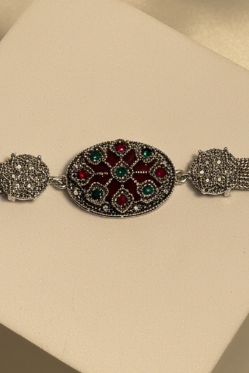 Silver Bracelet With maroon and green gem
