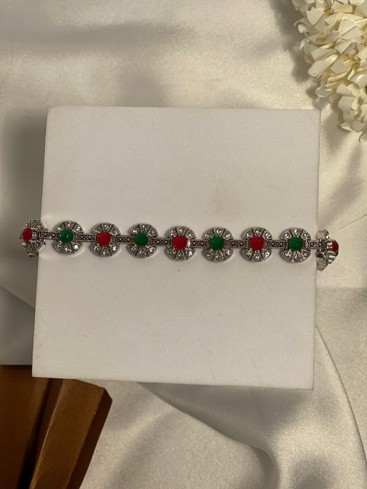 Silver Bracelet With green and red gem