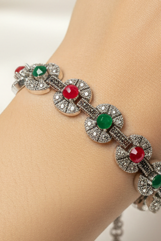 Silver Bracelet With green and red gem