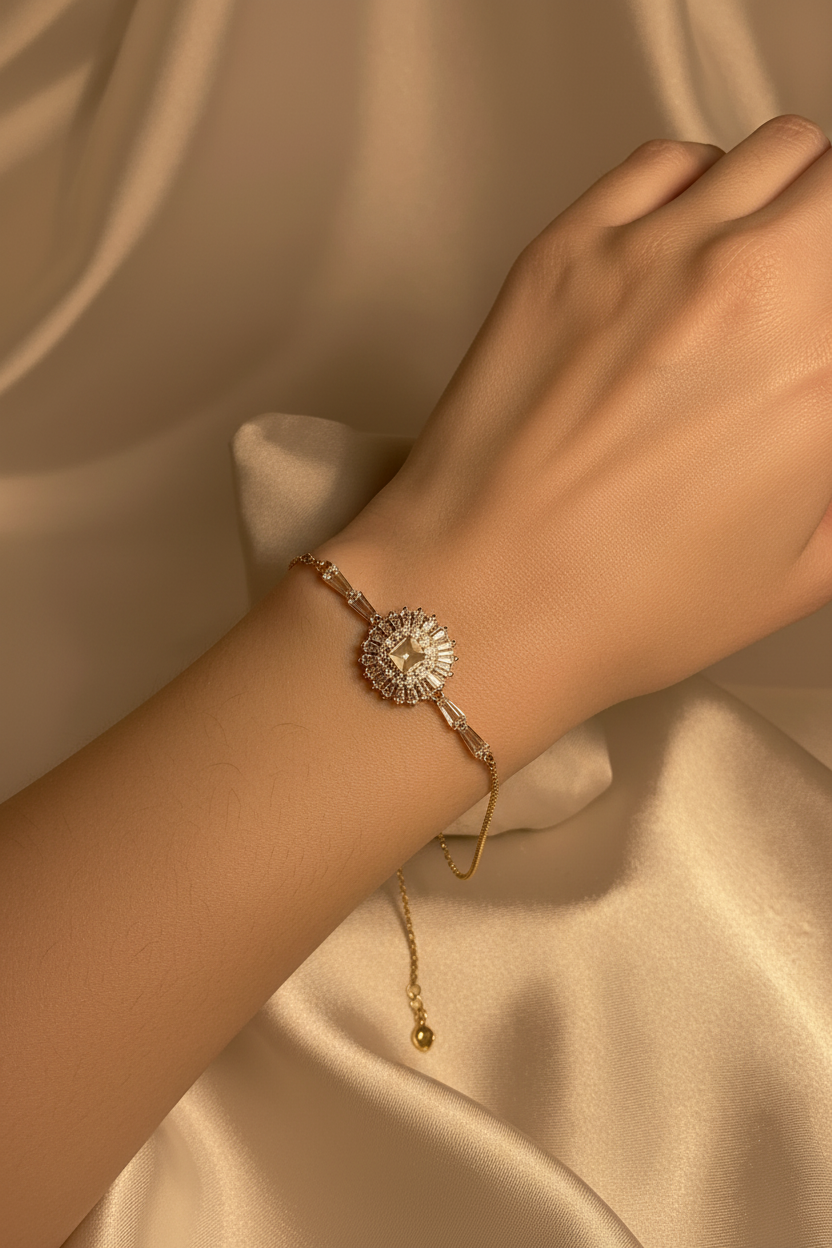 Phool bracelet silver - pink gem (square)