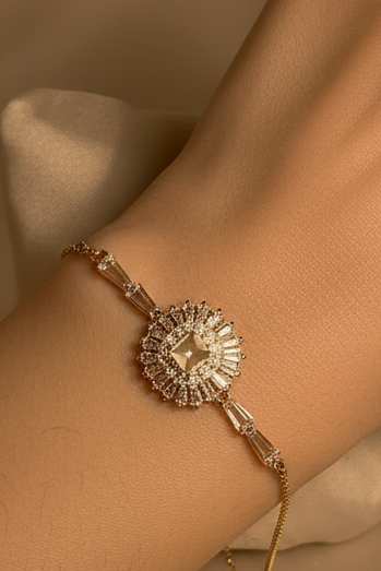 Phool bracelet silver - pink gem (square)
