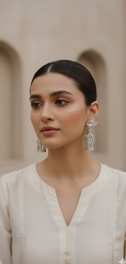 chiriya pinjra safaid earrings