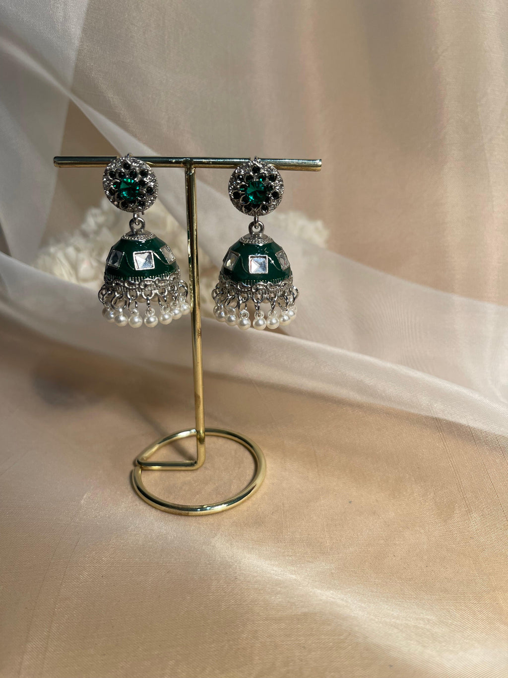Sumaira Jhumki- green with white beads(Noor-Bano-Collection)