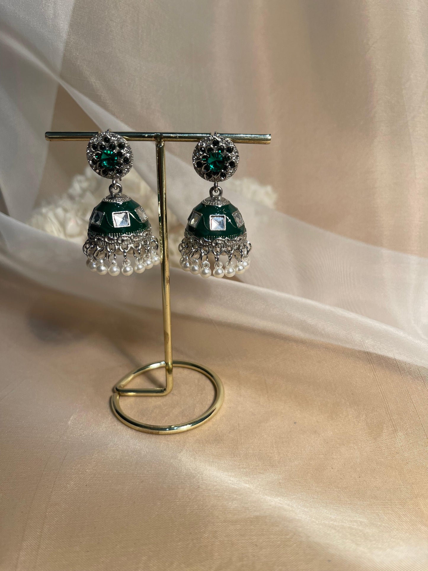 Sumaira Jhumki- green with white beads(Noor-Bano-Collection)